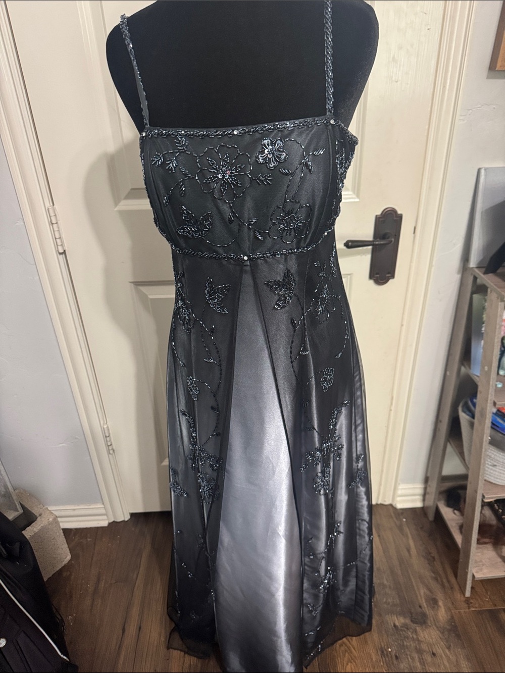 Black Beaded Spaghetti Strap Evening Dress
